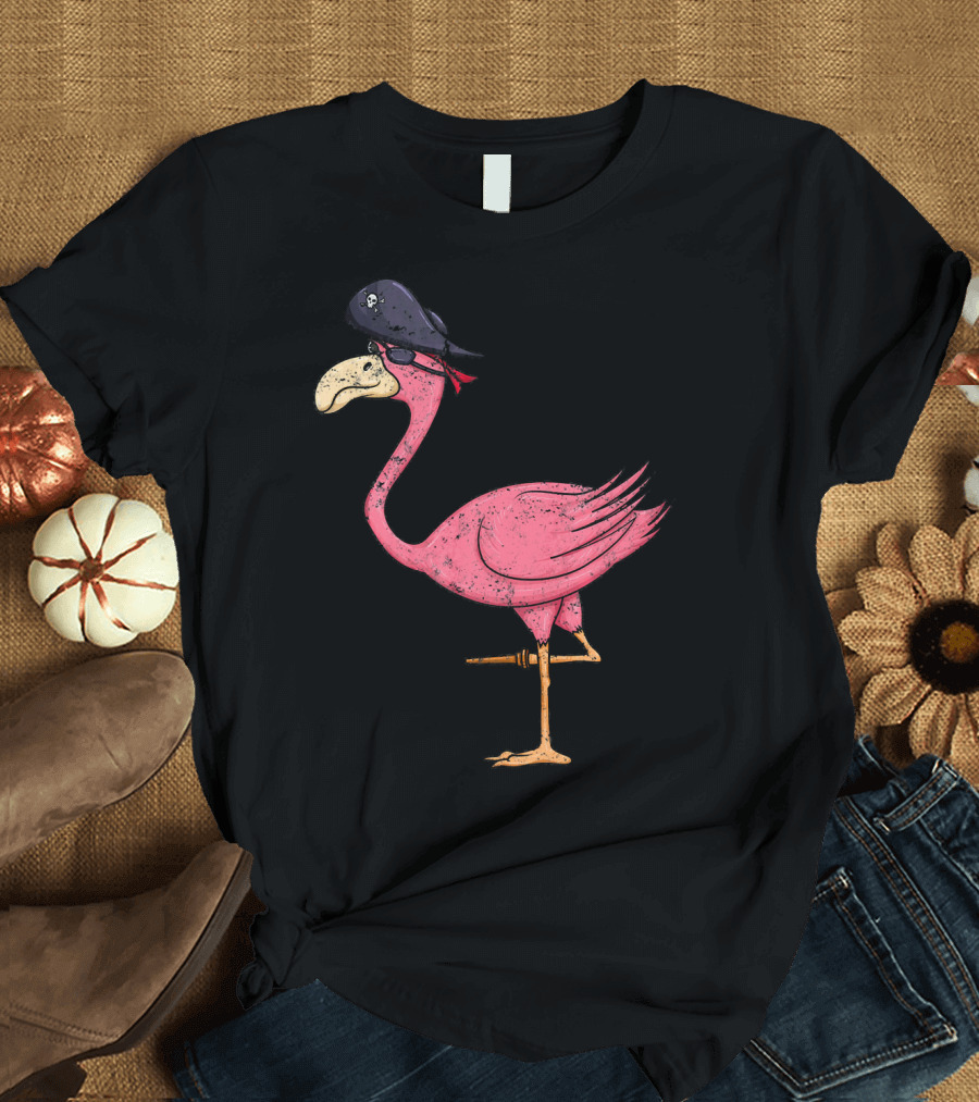 Vintage Pink Flamingo Pirate With Eyepatch and Skull Hat T-Shirt