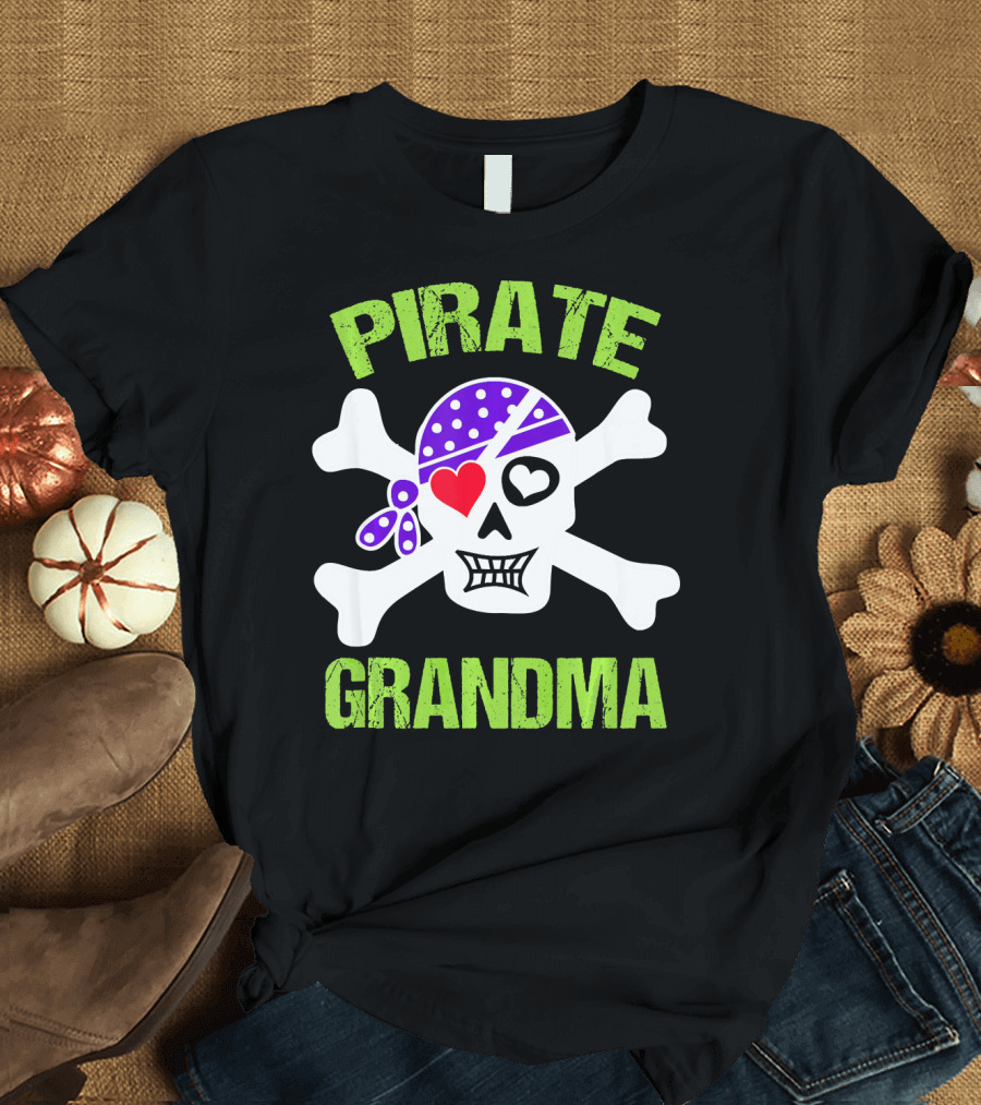 Pirate Grandma Skull with Bandana and Heart Eye T-Shirt