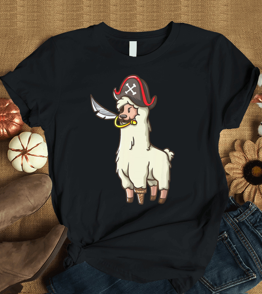 Pirate Llama with Hat and Sword Halloween Party T-Shirt