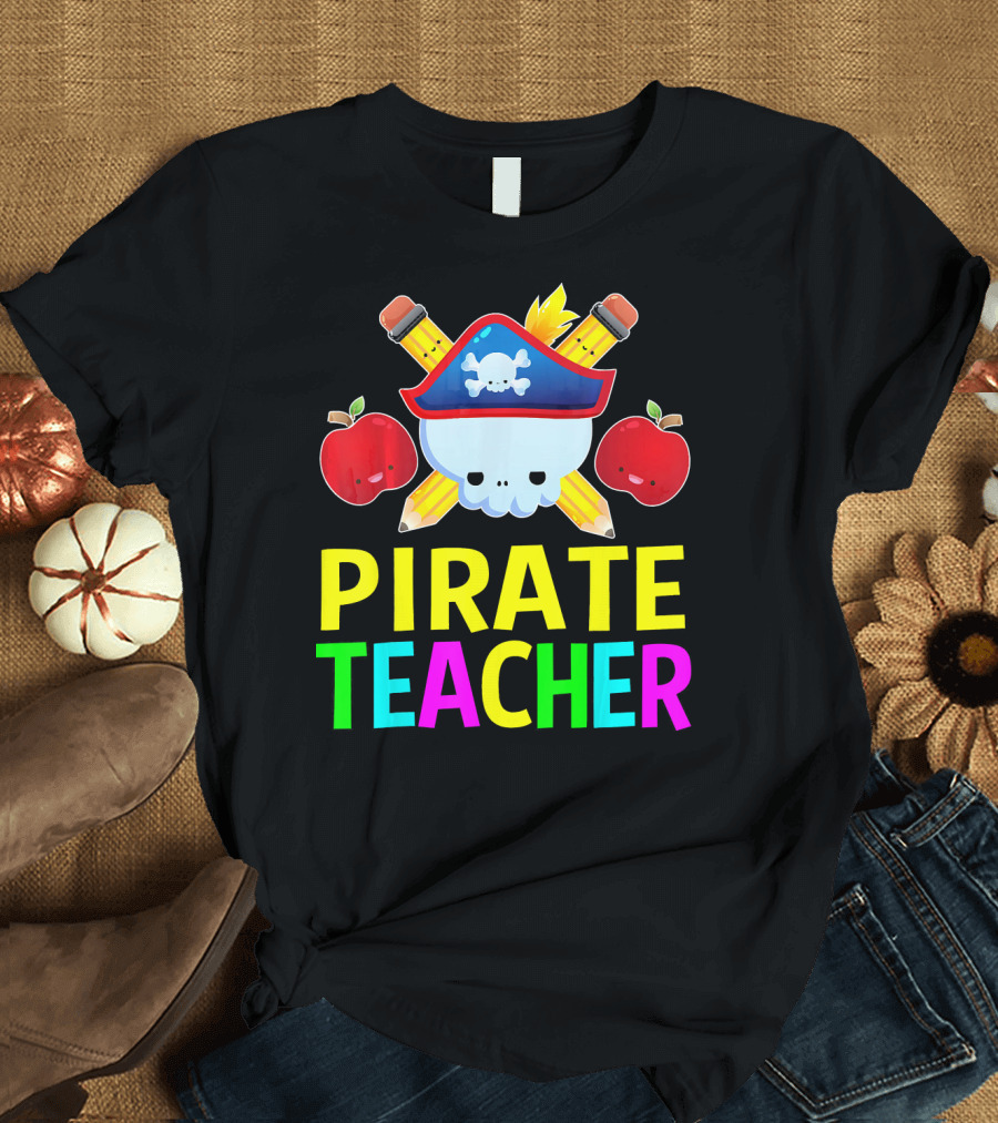 Pirate Teacher Halloween Costume Skull Pencils Apples T-Shirt