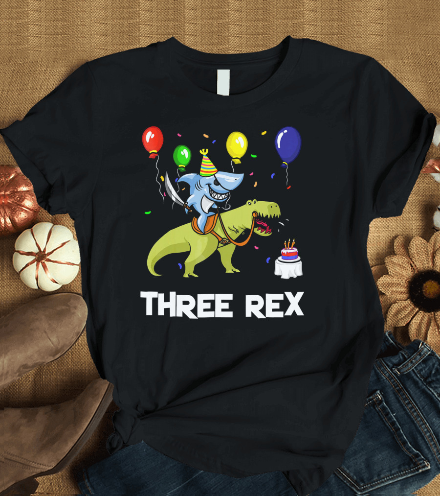 Three Rex Birthday Shark Pirate Riding Dinosaur with Balloons and Cake T-Shirt