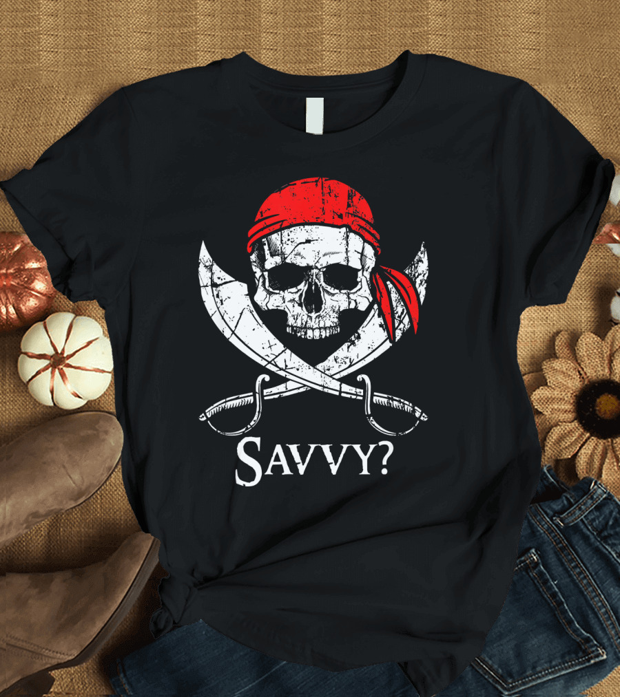 Savvy Pirate Skull and Crossbones with Red Bandana and Swords T-Shirt