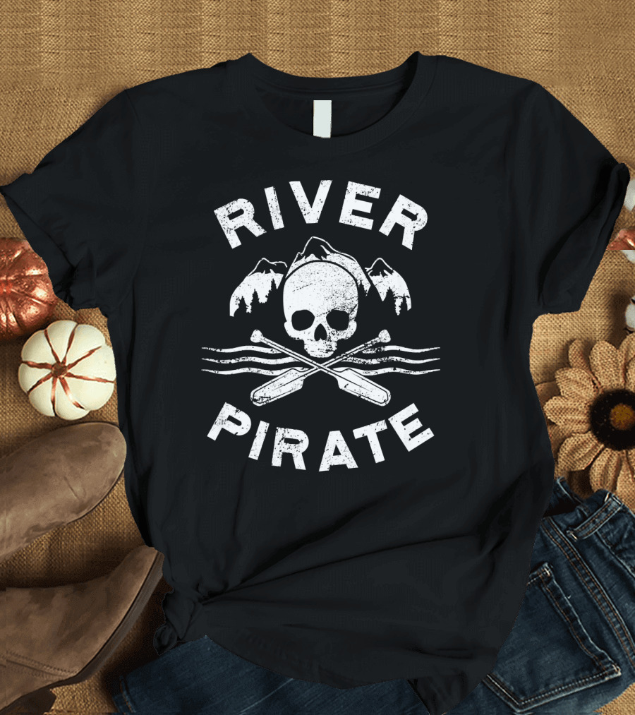 River Pirate Skull Oars Mountains T-Shirt