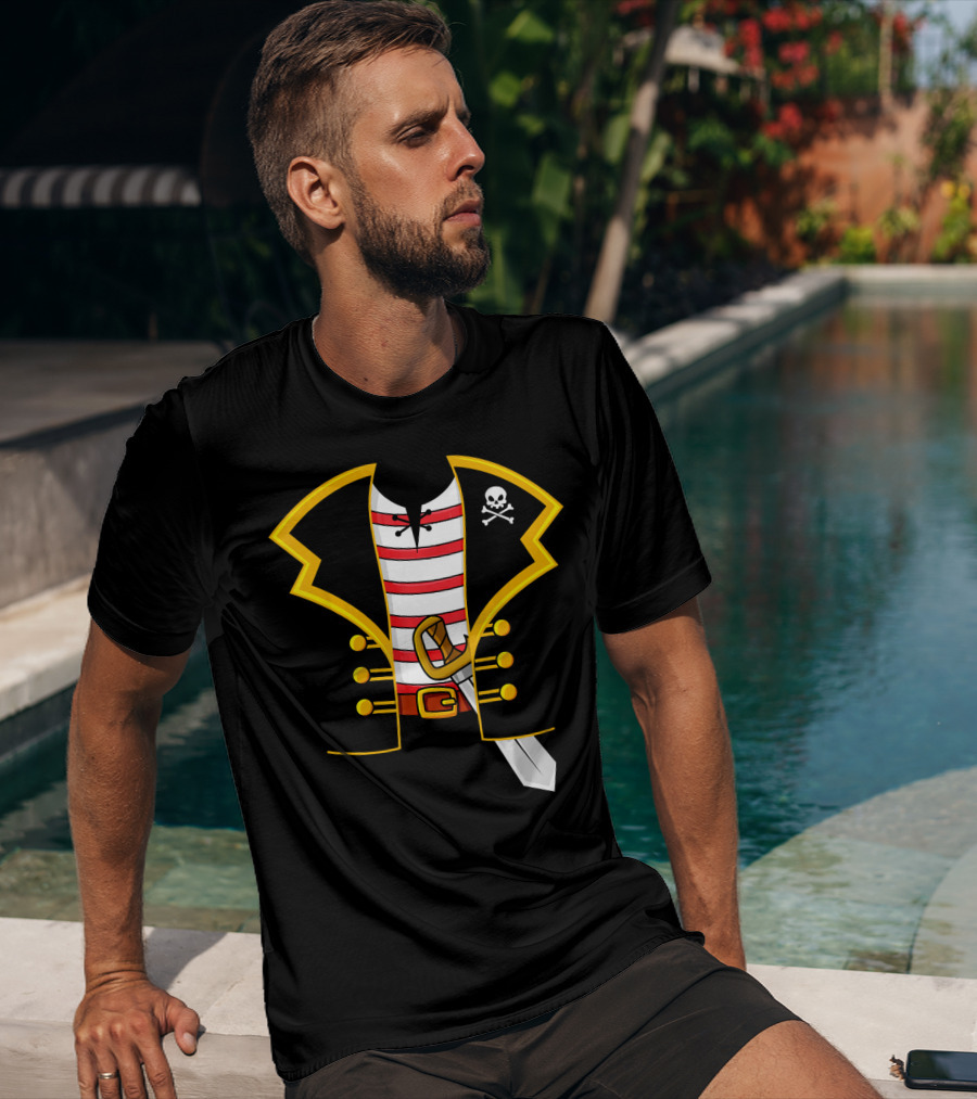 Pirate Costume Party Striped Shirt Skull Sword Jacket T-Shirt