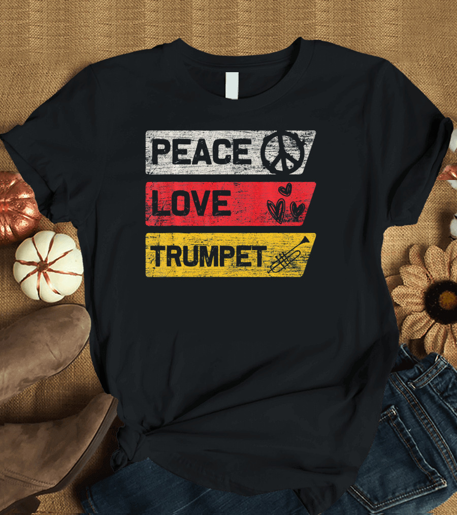 Peace Love Trumpet Symbol Hearts Music T-Shirt