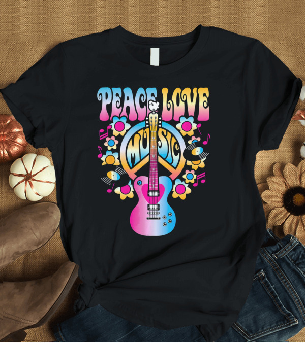 T-Shirt: PEACE LOVE MUSIC Retro Rock and Roll Guitar Groovy 60s Style with Flowers and Peace T-Shirt PEACE LOVE MUSIC Retro Rock and Roll Guitar Groovy 60s Style with Flowers and Peace T-Shirt