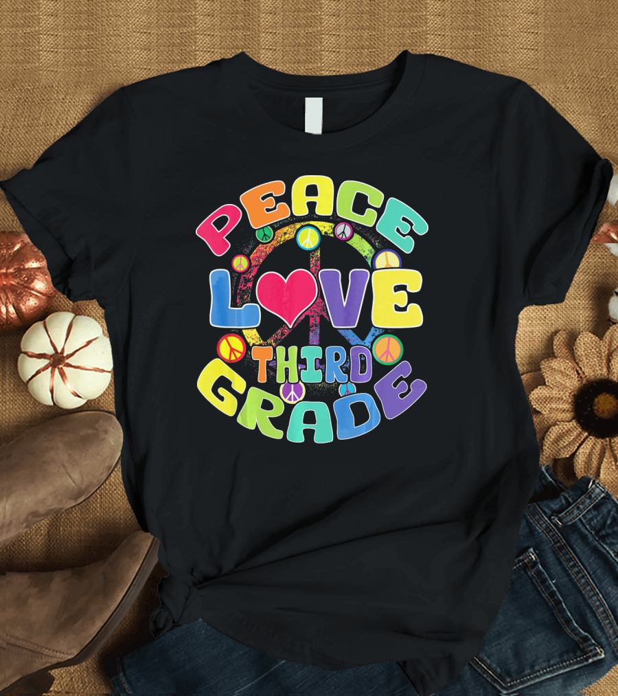 Peace Love Third Grade Back to School College Icons T-Shirt