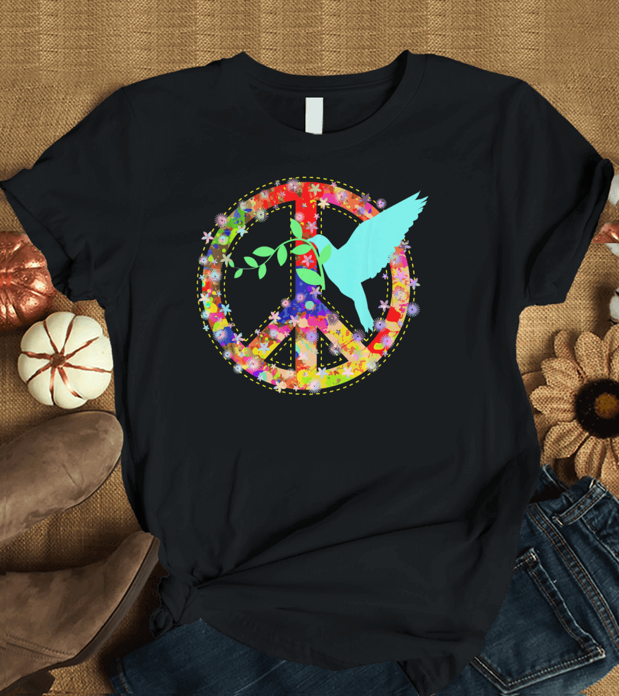 Hippie Peace Dove with Floral Peace Sign 60s 70s T-Shirt