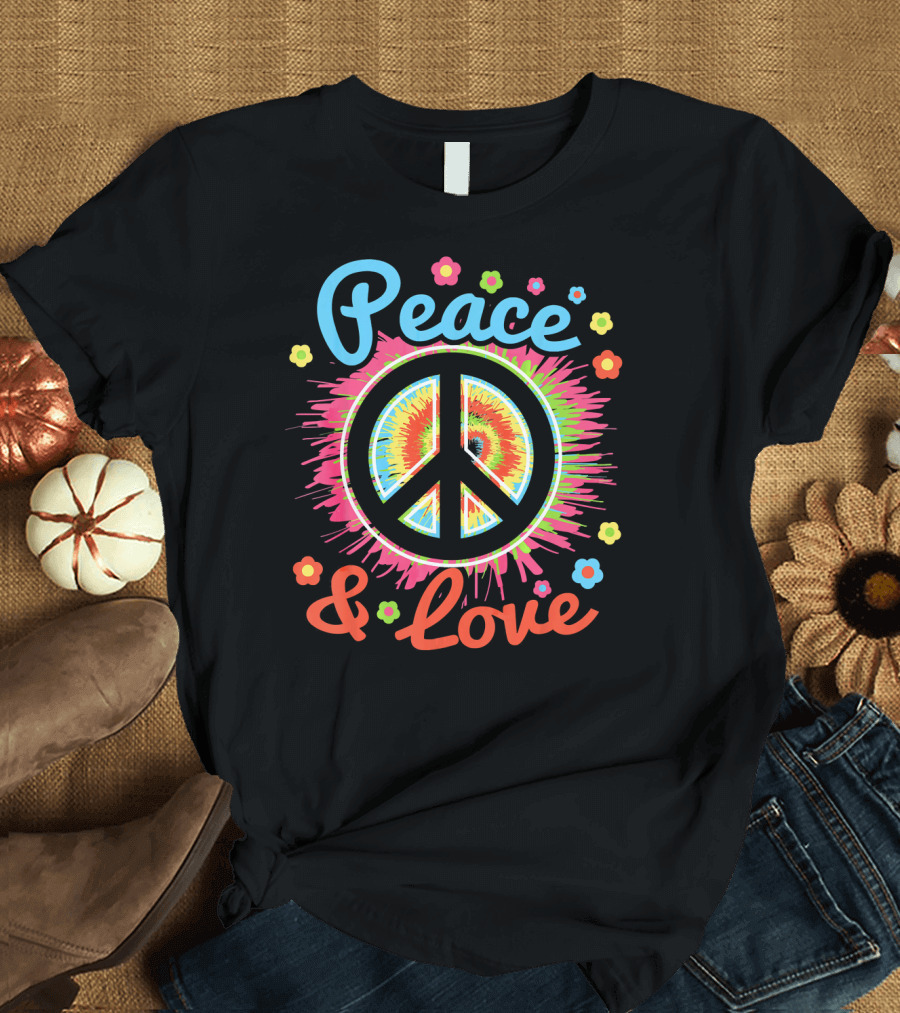 Peace and Love Tie-Dye Peace Sign with Colorful Flowers T-Shirt