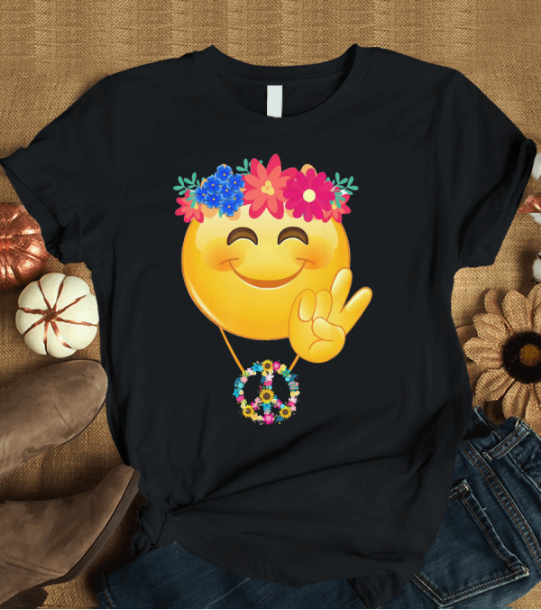 T-Shirt: Hippie Flower Power Crown Smiley Peace Sign Necklace T-Shirt Hippie Flower Power Crown Smiley Peace Sign Necklace T-Shirt