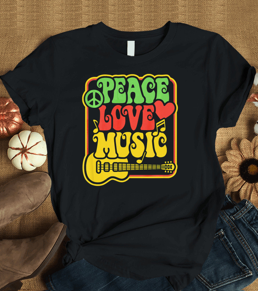 PEACE LOVE MUSIC Rock and Roll Reggae Guitar T-Shirt