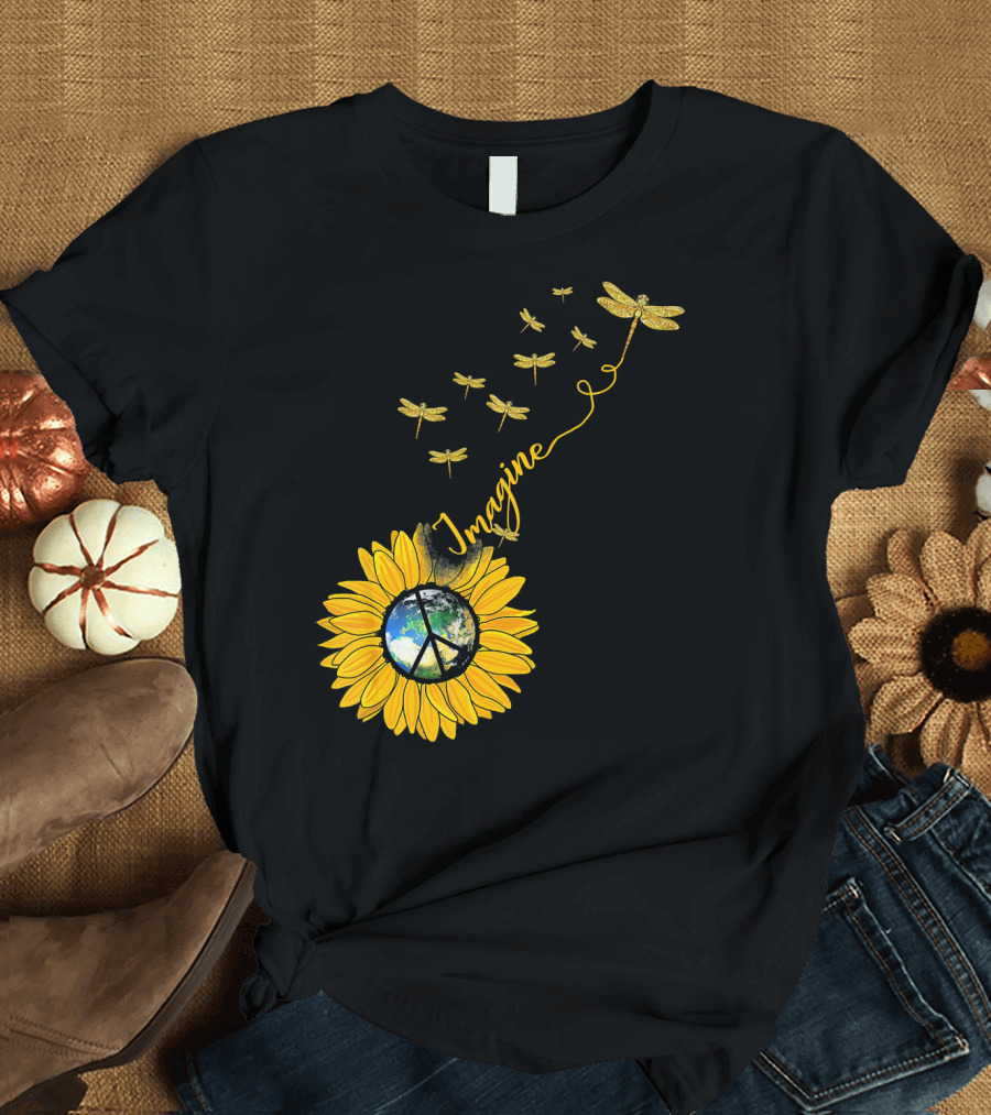 Imagine Peace Earth Sunflower Dragonflies T-Shirt
