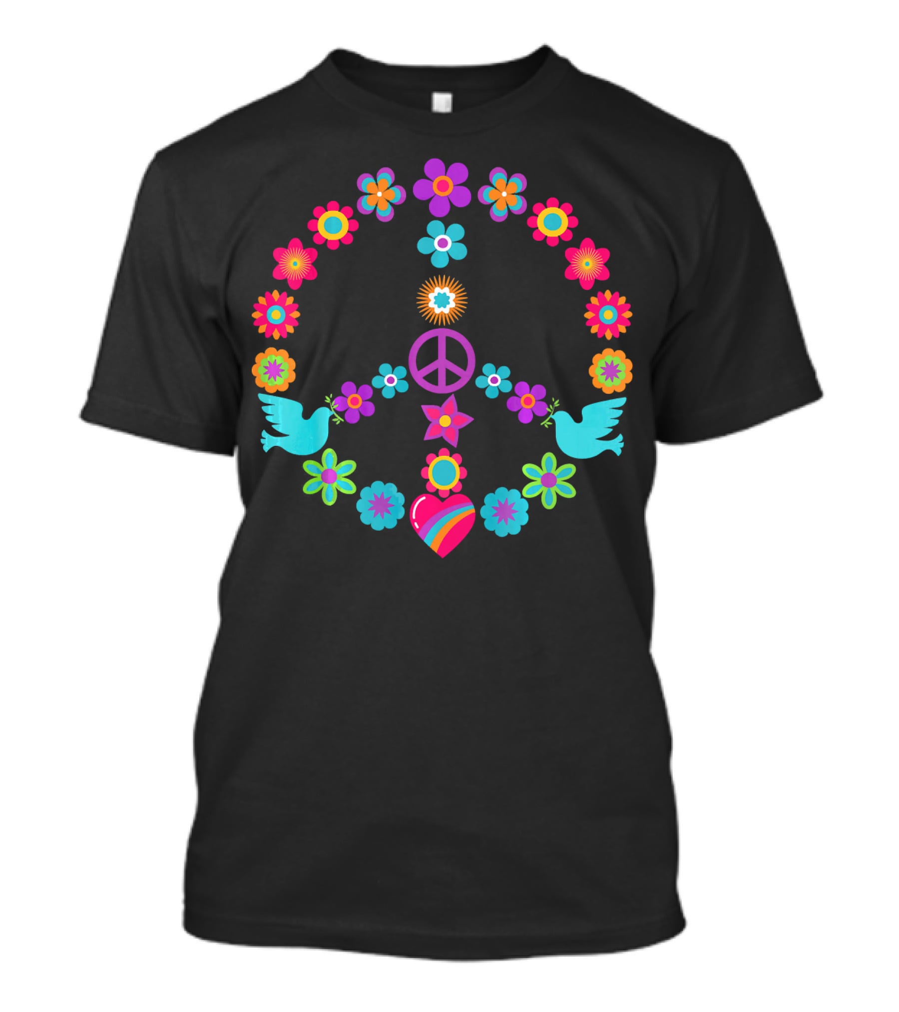 Peace Sign Floral Dove Heart 60s 70s Flower Power T-Shirt