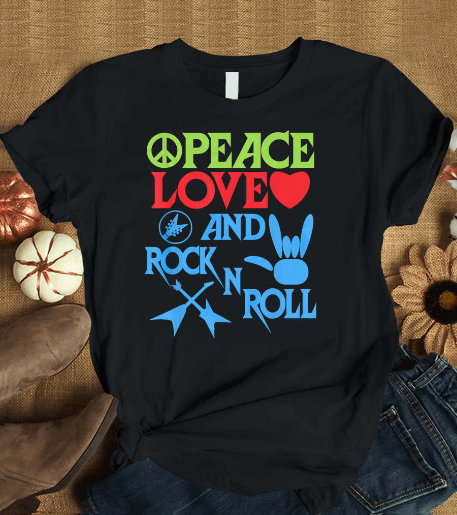 Peace Love Heart and Rock N Roll Peace Sign Guitar Hand Gesture T-Shirt