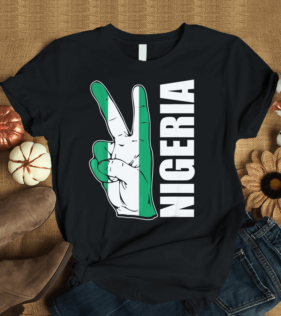 Nigerian Pride Peace Gesture with Nigeria Flag Colors and Nigeria Text T-Shirt