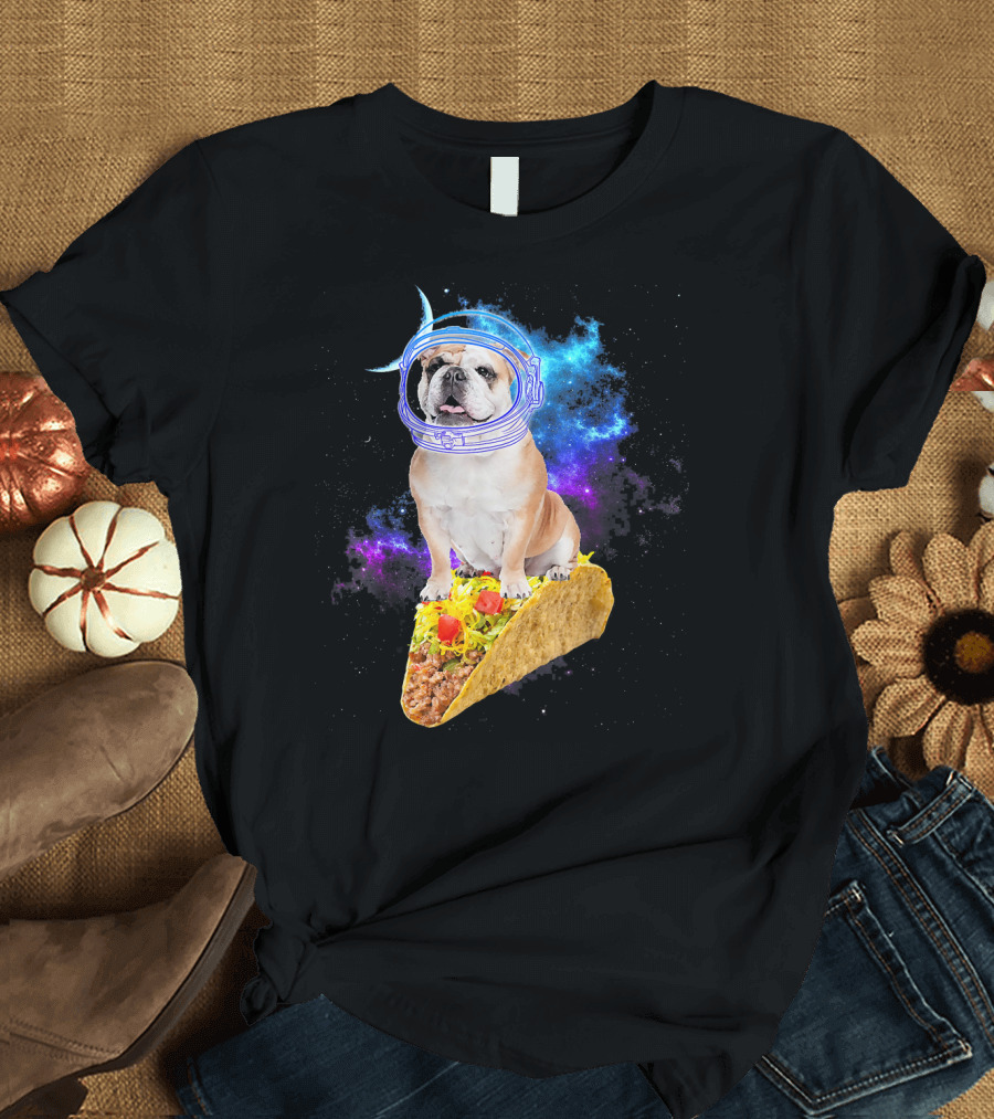 Space English Bulldog Astronaut Riding Taco in Galaxy T-Shirt