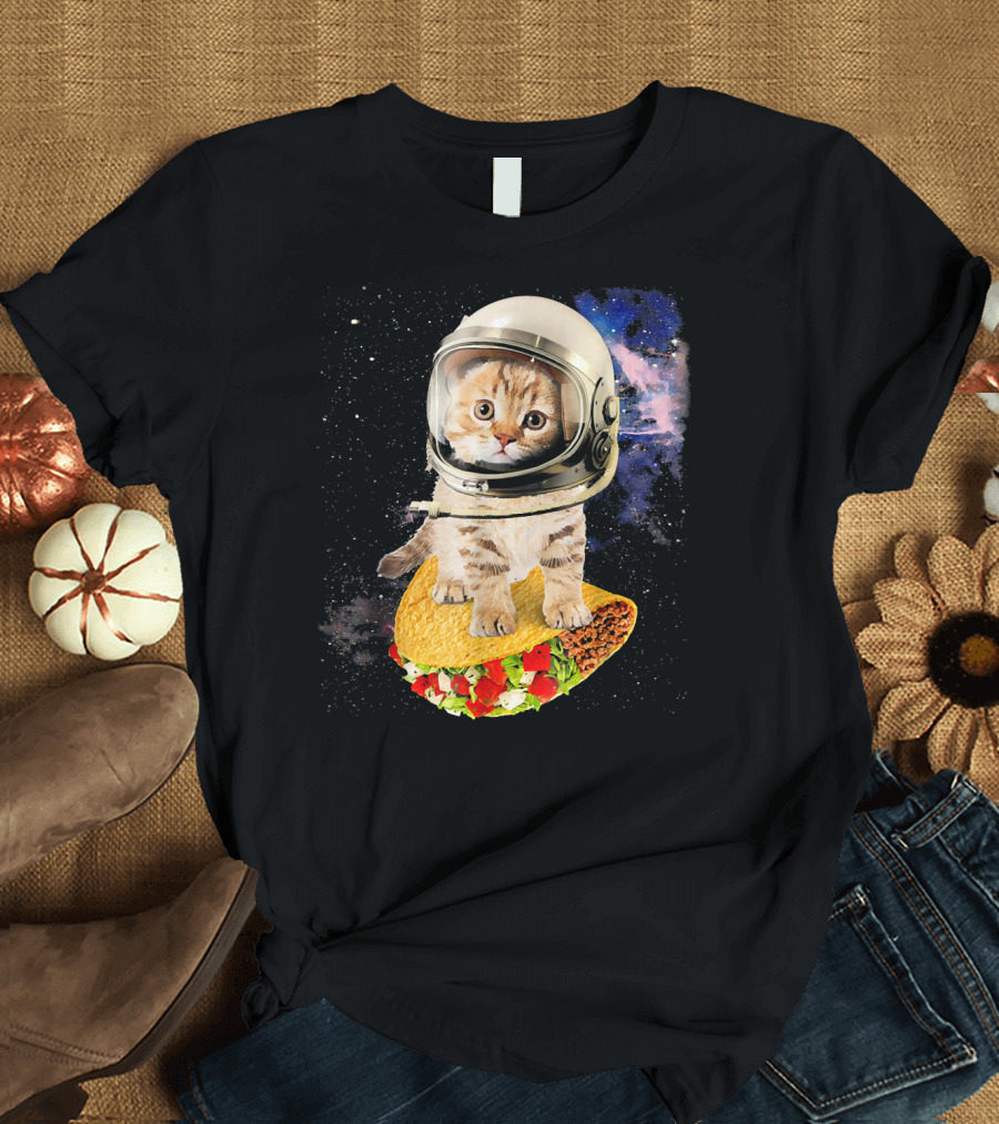 Space Cat Riding Tacos in Astronaut Helmet Galaxy Adventure T-Shirt
