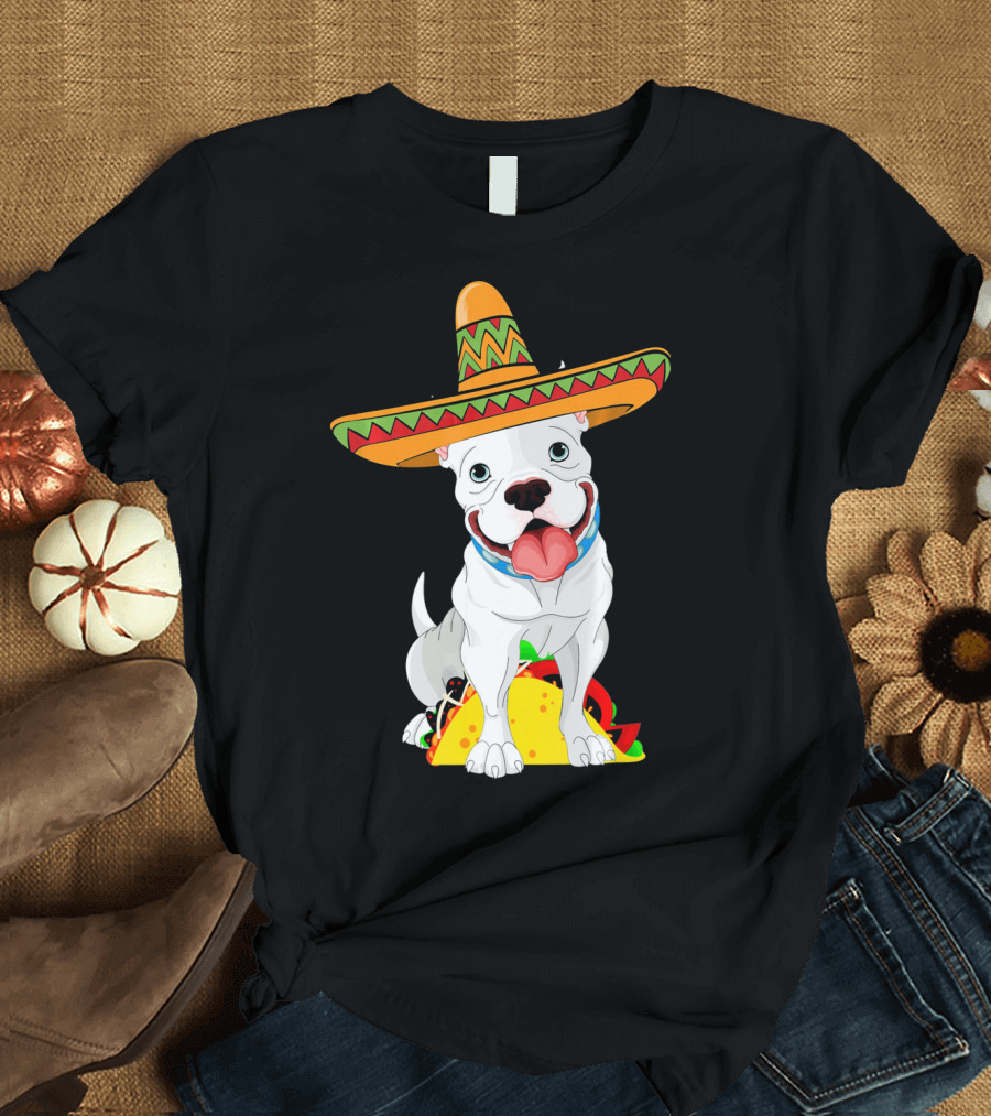 Cinco De Mayo Pitbull with Sombrero and Tacos T-Shirt