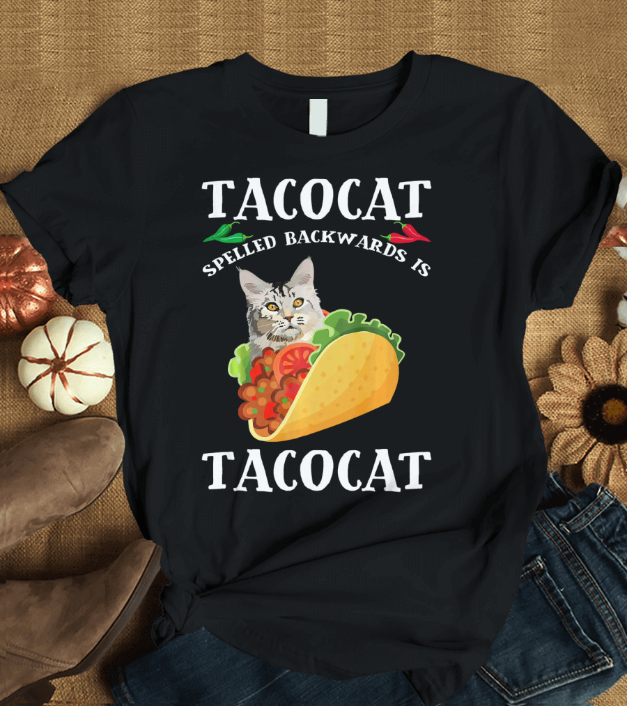 Taco Cat Spelled Backwards Is Tacocat Cat in Taco with Peppers T-Shirt