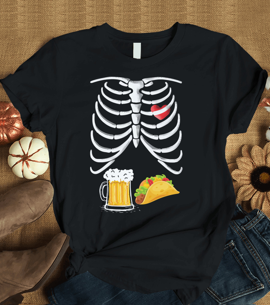 Tacos and Beer Skeleton Ribcage X-Ray Heart Pregnancy T-Shirt