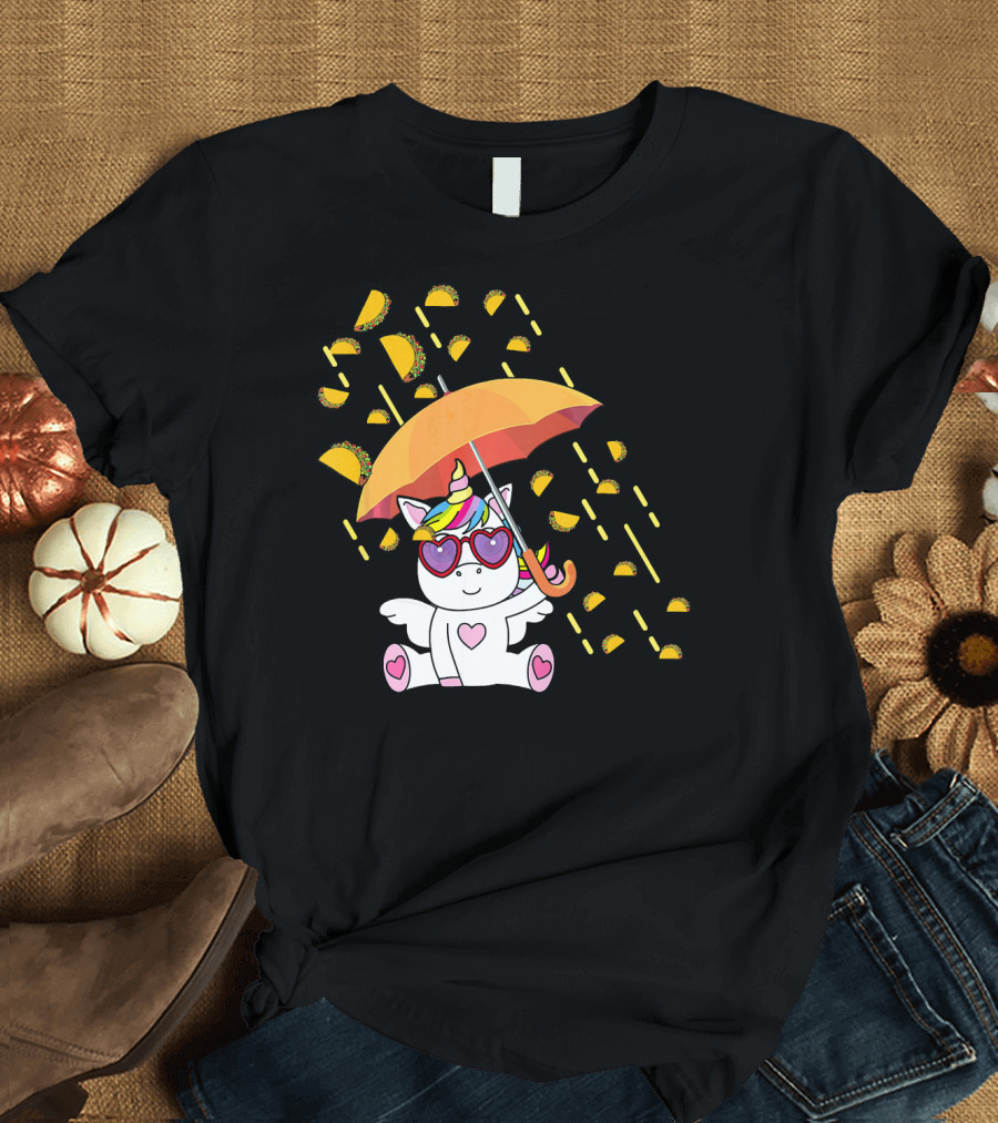Its Raining Tacos Funny Unicorn with Umbrella and Sunglasses T-Shirt