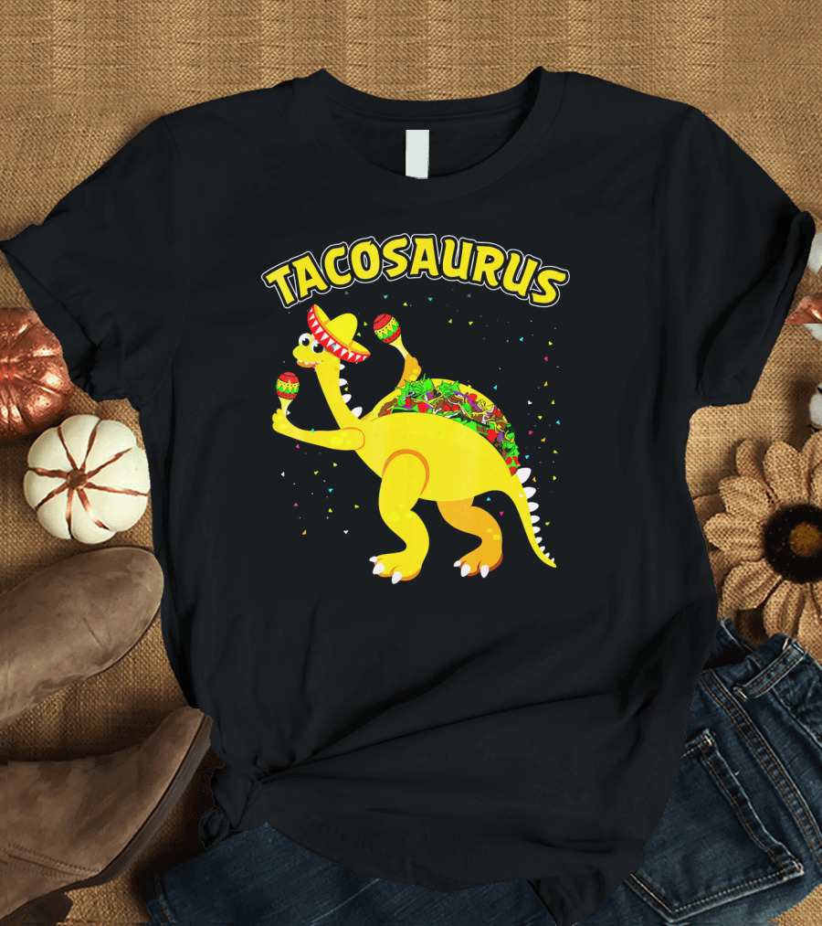 Tacosaurus Dinosaur Celebrating with Maracas and Sombrero T-Shirt
