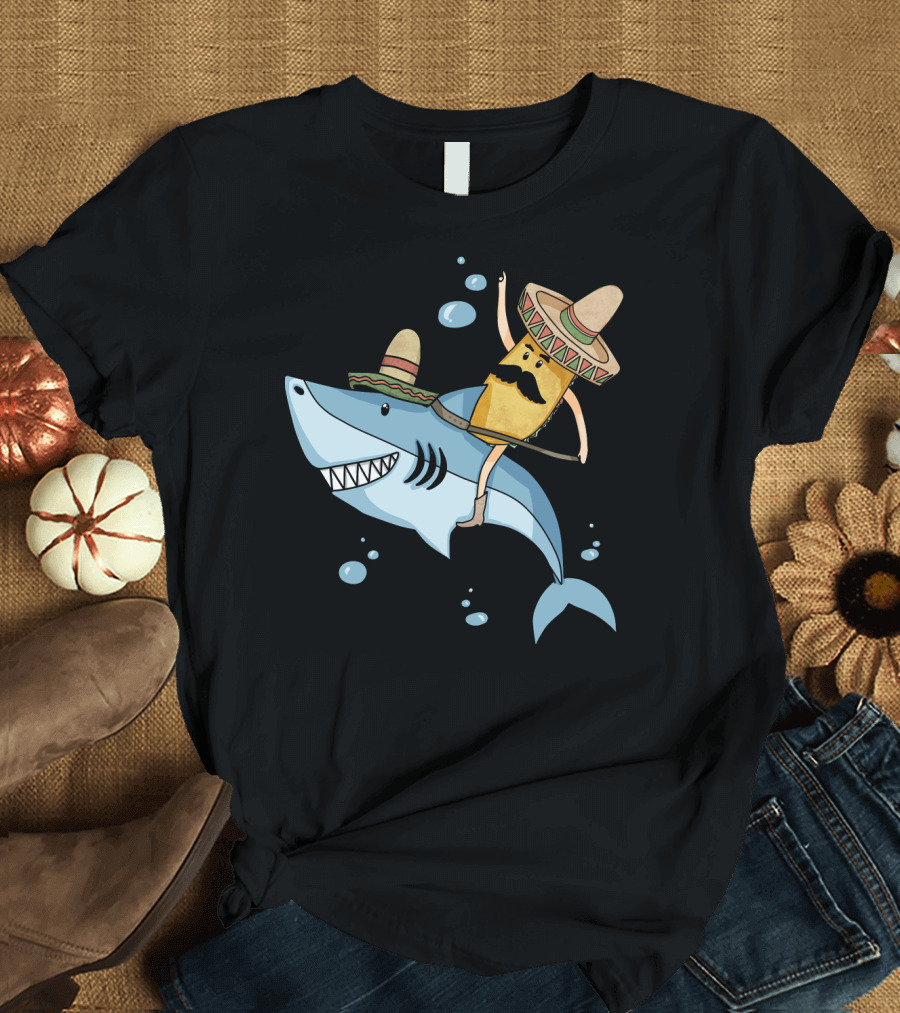 Taco Guy Riding Sombrero Shark Funny Mexican Style Long T-Shirt