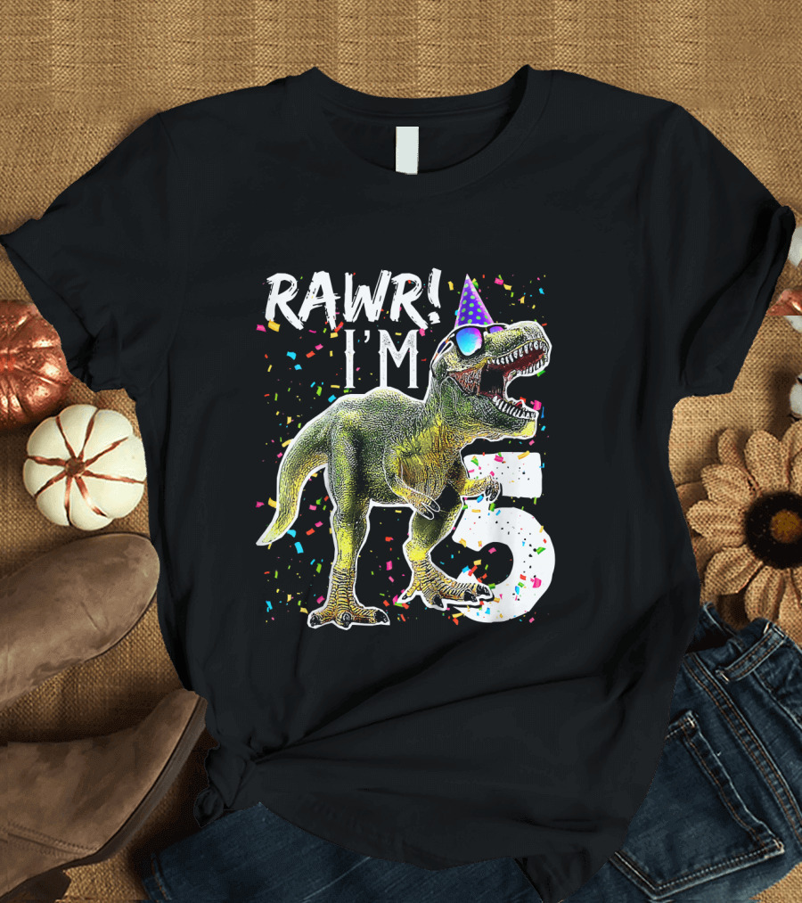 Rawr I'm 5 Dinosaur Birthday Party Hat Confetti T-Shirt