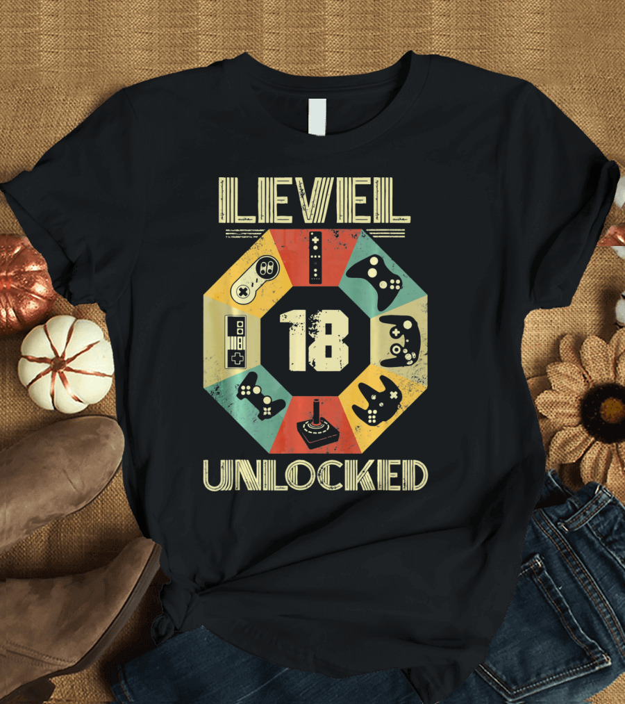 Level 18 Unlocked Video Game Controllers Retro T-Shirt