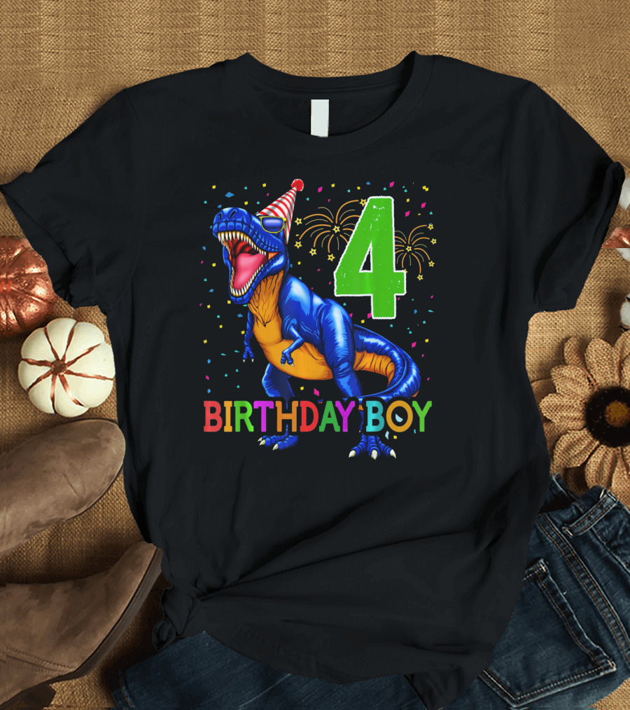 Birthday Boy 4 Dinosaur Party Hat Fireworks T-Shirt