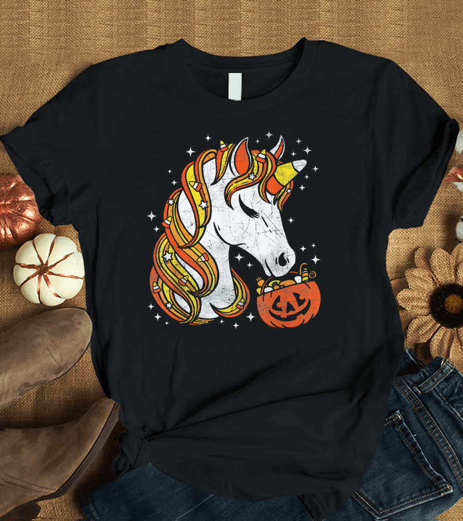 Candy Corn Unicorn with Jack-O'-Lantern Stars Halloween Top T-Shirt