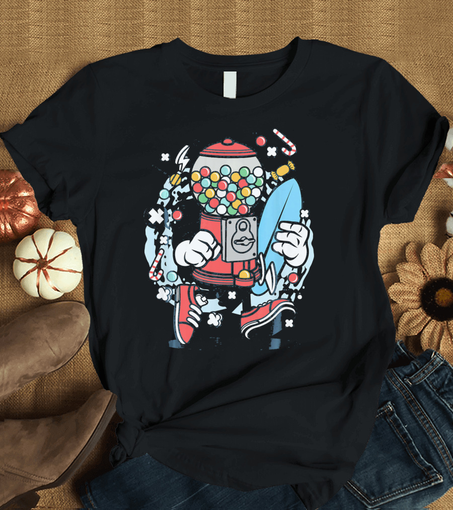 Cartoon Candy Machine with Surfboard and Sneakers Adventure T-Shirt