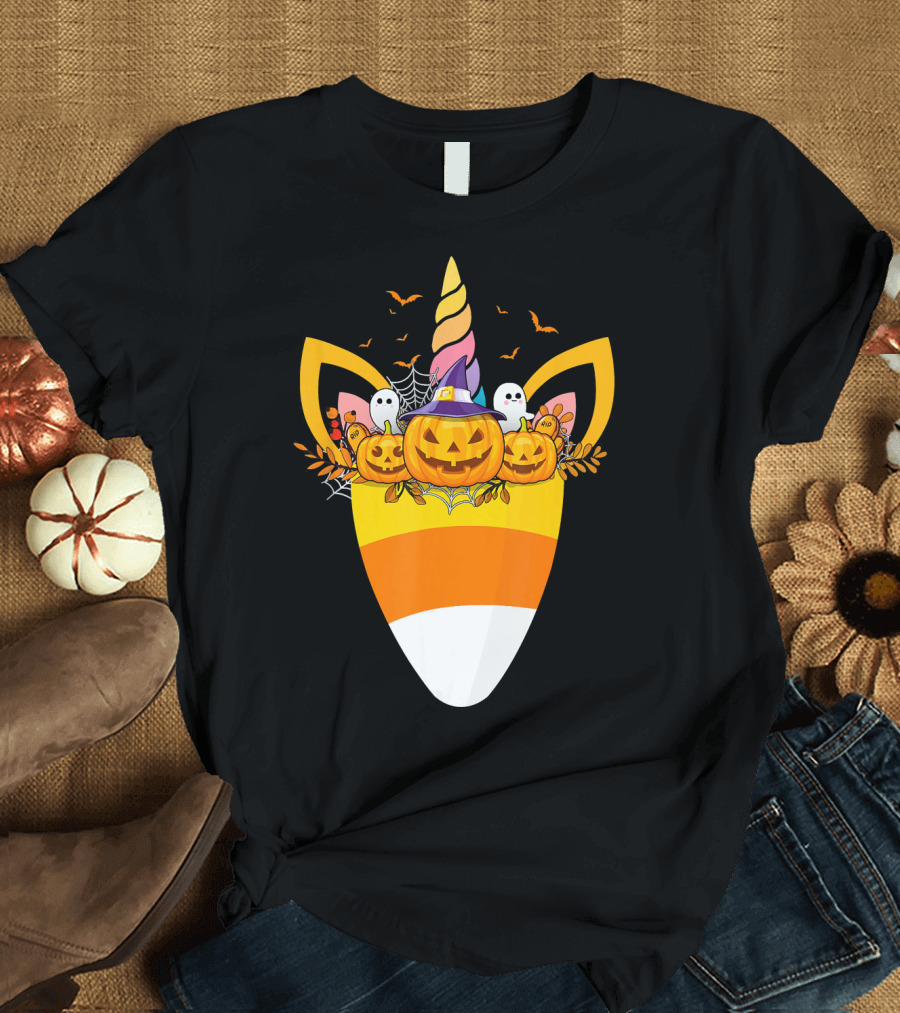 Unicorn Candy Corn Pumpkin Ghost Halloween Boo T-Shirt
