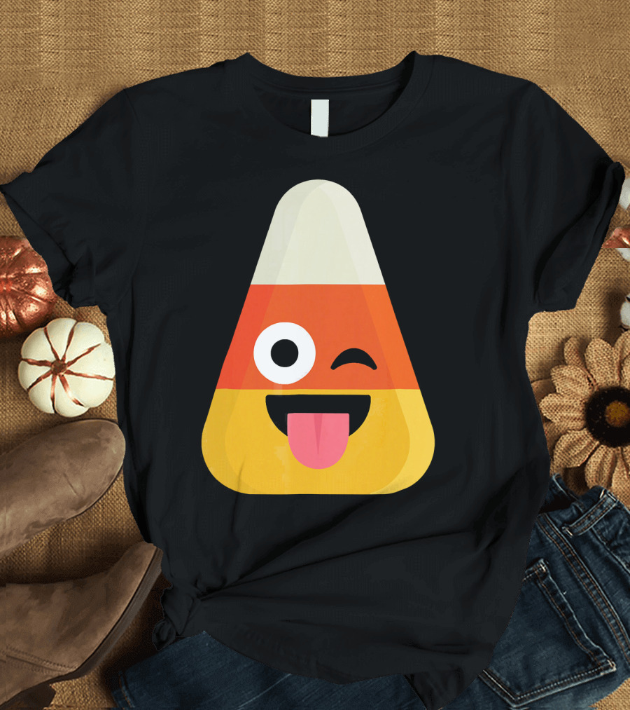 Candy Corn Emoji Wink Tongue Out Face T-Shirt
