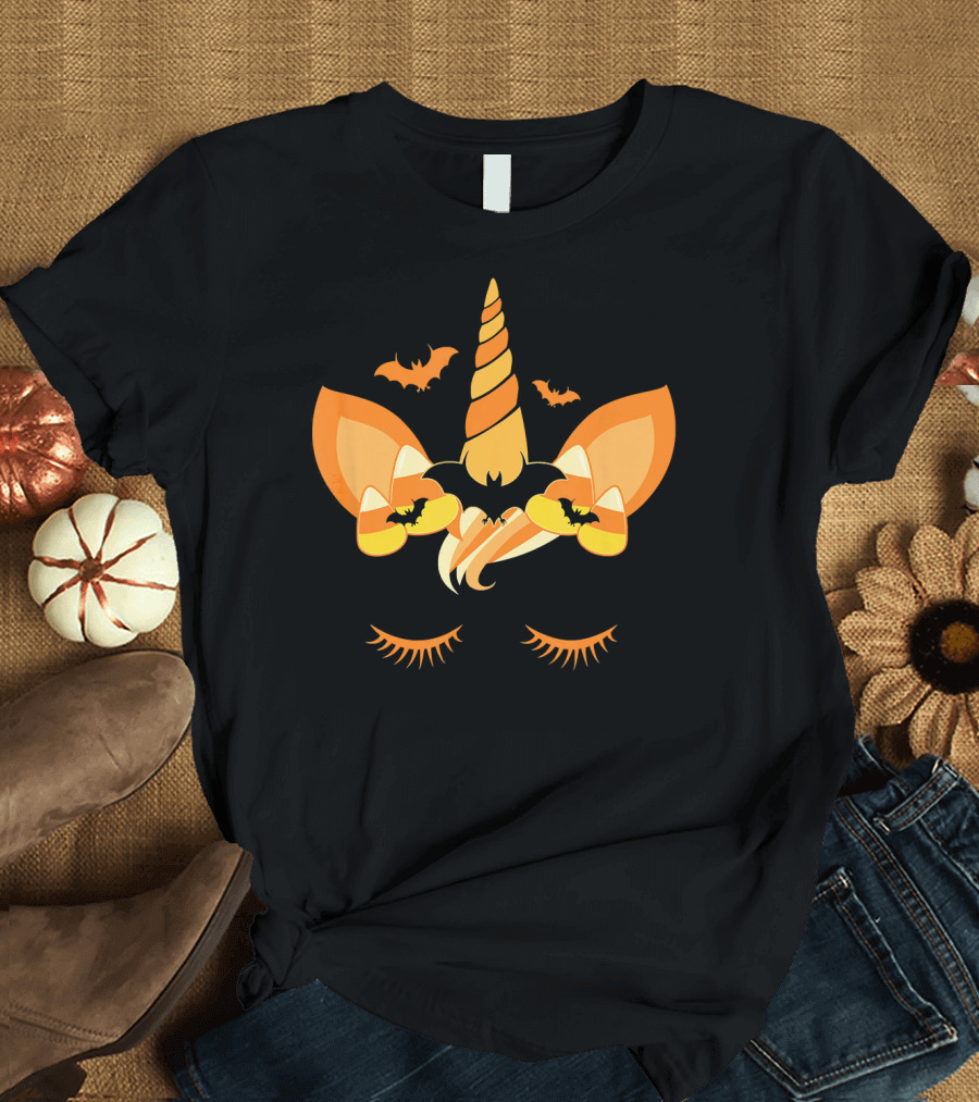 Halloween Unicorn Candy Corn Bat Ears Eyelashes T-Shirt