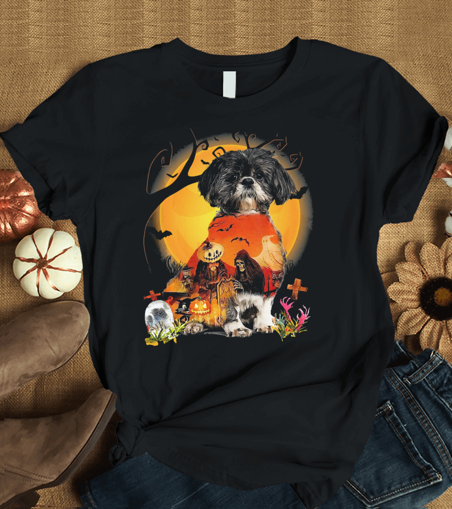 Shih Tzu Halloween Night with Pumpkins, Ghosts, and Full Moon T-Shirt