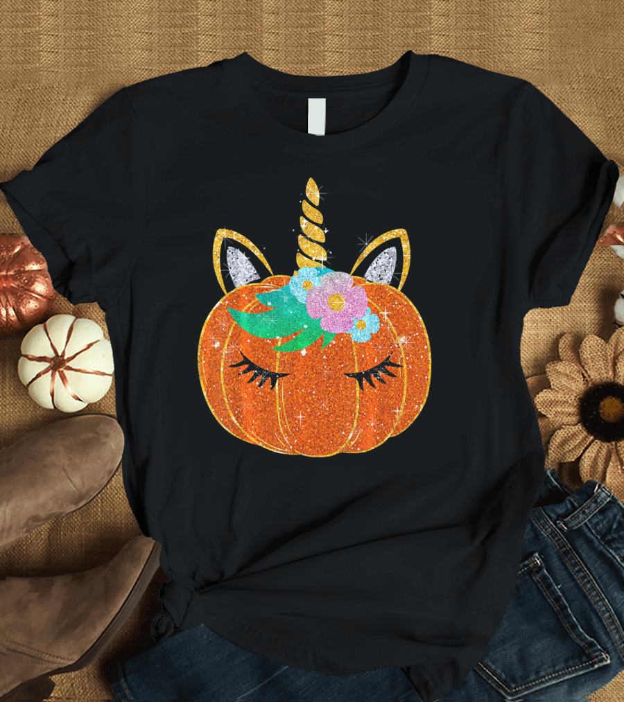 Sparkly Unicorn Pumpkin Halloween T-Shirt