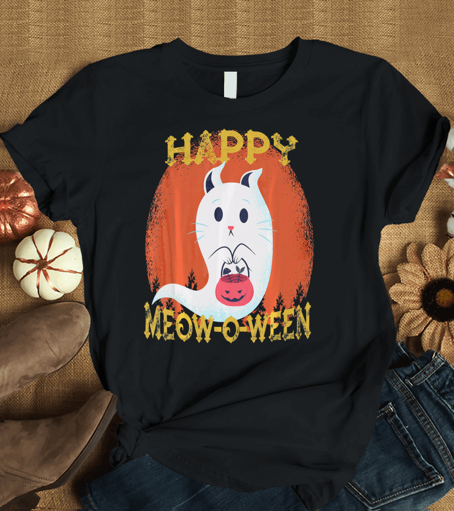 Happy Meow O Ween Cat Ghost with Pumpkin Bag T-Shirt