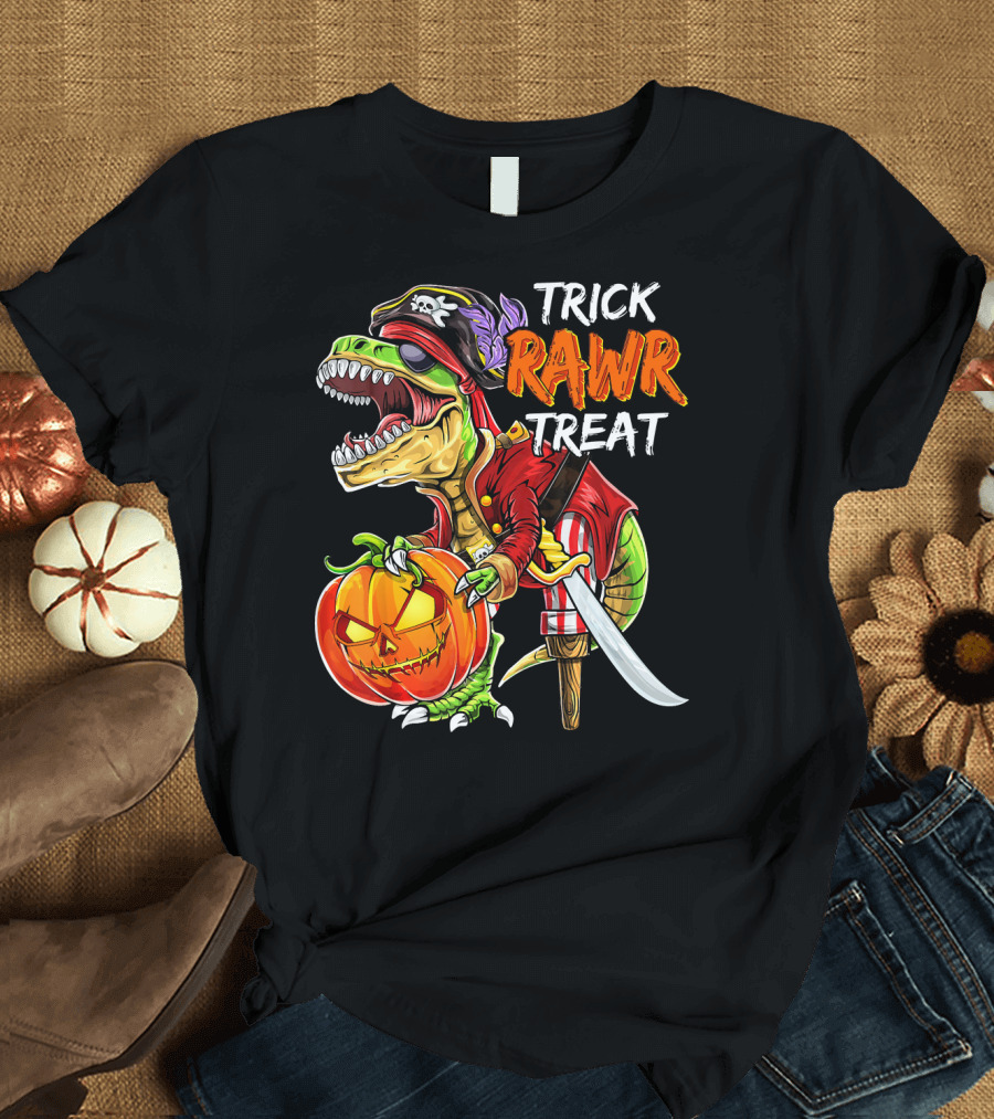 Trick Rawr Treat Pirate Dinosaur Halloween Pumpkin Jack T-Shirt