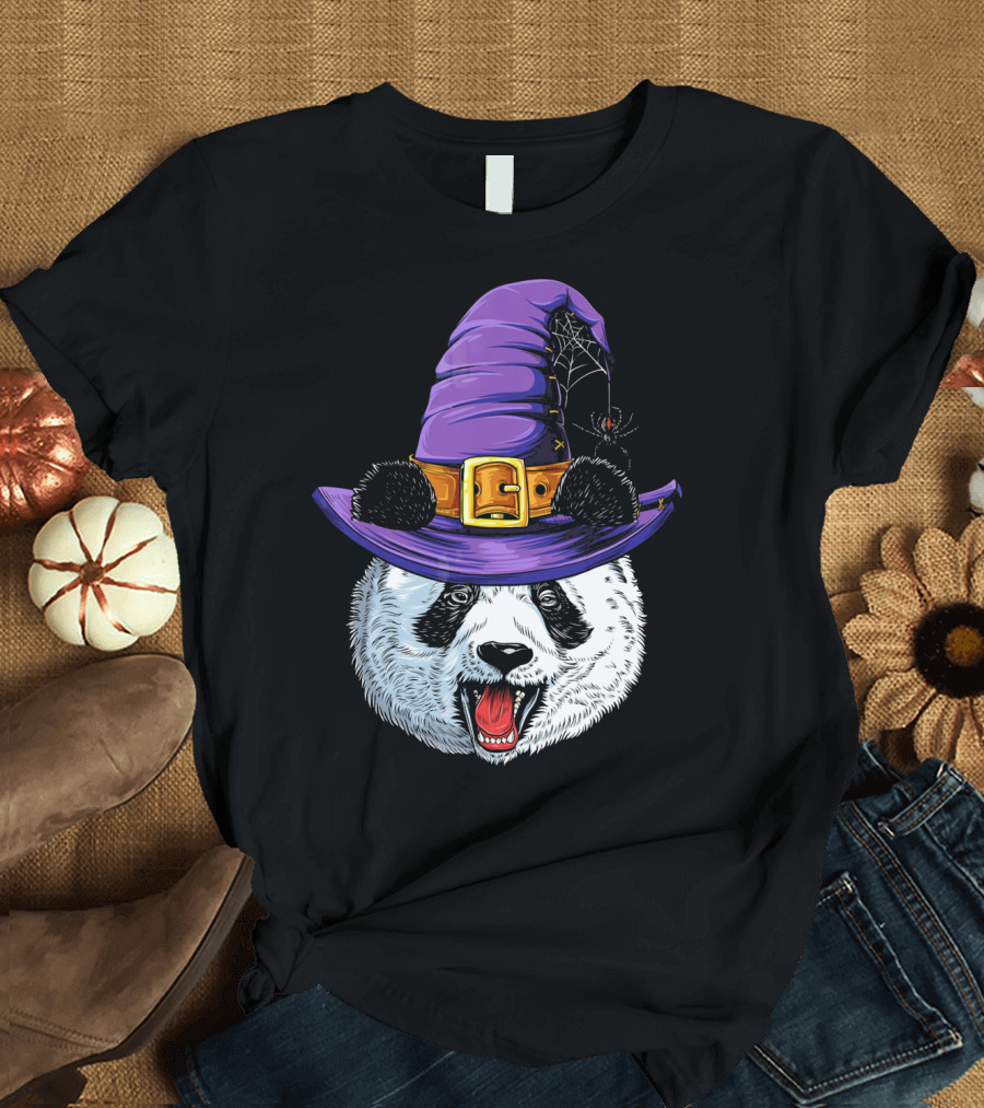 Panda Wearing Witch Hat with Spider Halloween T-Shirt