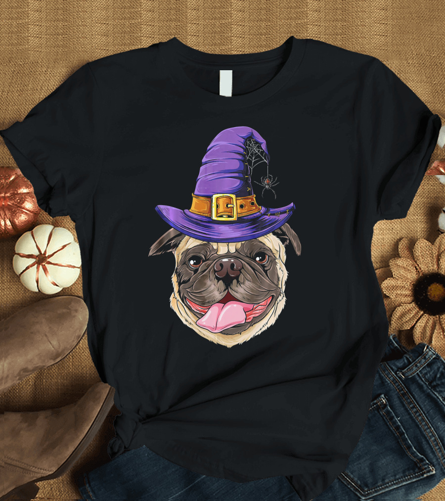 Pug with Witch Hat and Spider Halloween T-Shirt