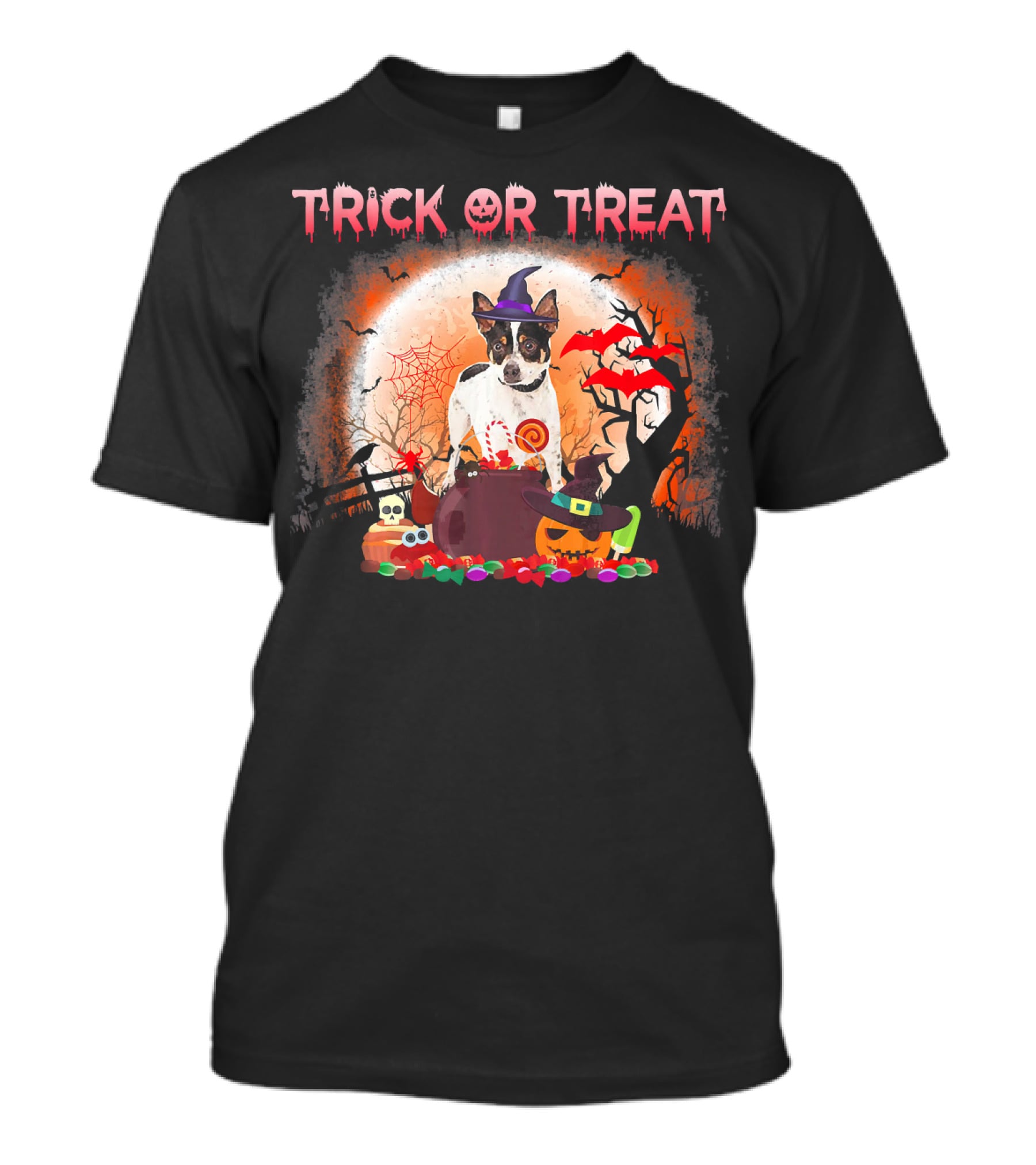 Trick Or Treat Rat Terrier Halloween With Witch Hat, Bats, And Pumpkins T-Shirt