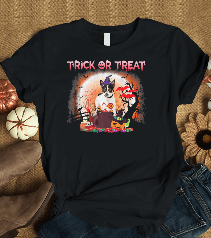Trick Or Treat Rat Terrier Halloween With Witch Hat, Bats, And Pumpkins T-Shirt