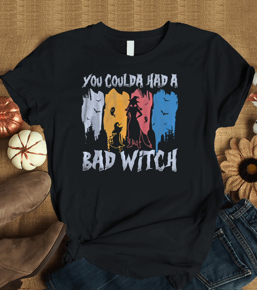 You Coulda Had a Bad Witch Colorful Silhouette with Bats and Cat T-Shirt