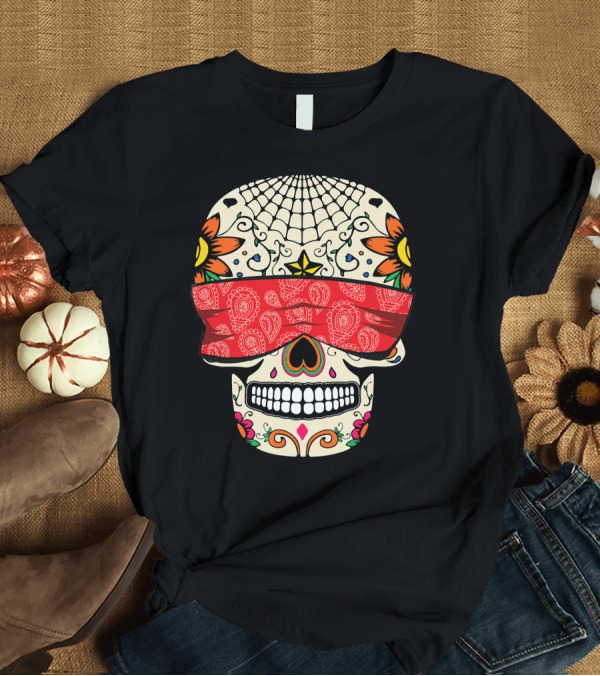 T-Shirt: See No Evil Sugar Skull with Red Bandana and Floral Motifs T-Shirt See No Evil Sugar Skull with Red Bandana and Floral Motifs T-Shirt