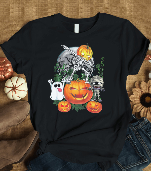T-Shirt: Dabbing Skeleton Pumpkin Ghost Mummy Halloween Moon Scene T-Shirt Dabbing Skeleton Pumpkin Ghost Mummy Halloween Moon Scene T-Shirt