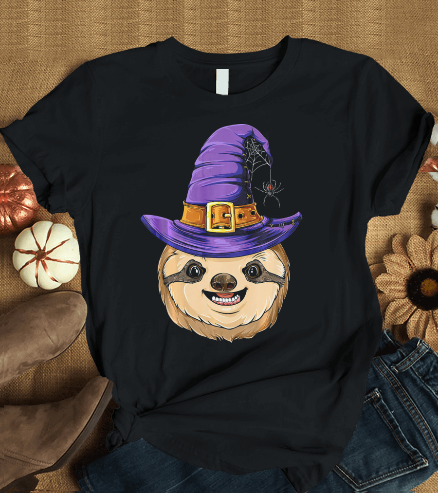 Sloth Witch Halloween Purple Hat Spider T-Shirt