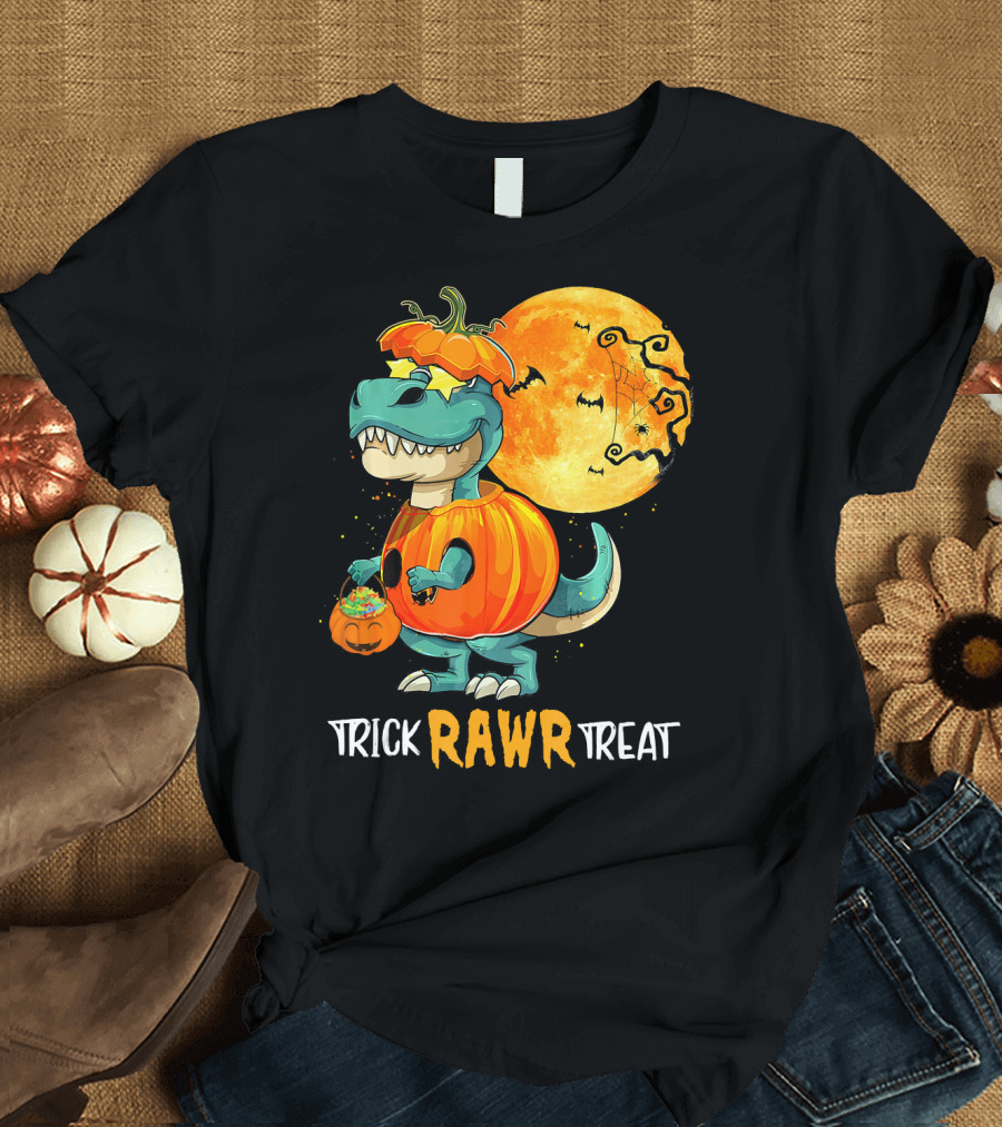Trick RAWR Treat Rex Dinosaur Halloween Pumpkin Moon T-Shirt