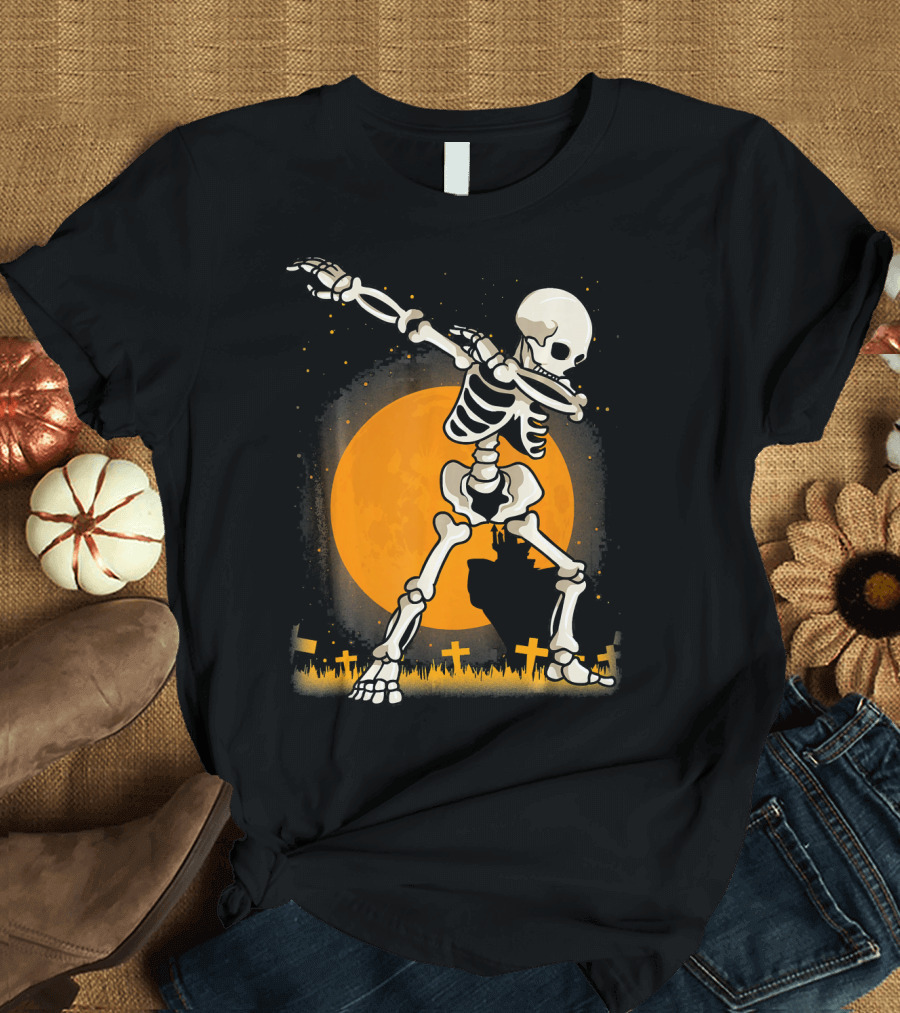 Halloween Skeleton Dabbing in Graveyard with Full Moon T-Shirt