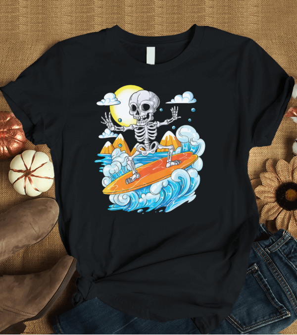 T-Shirt: Skeleton Surfing Halloween on Hawaiian Waves with Sun and Clouds T-Shirt Skeleton Surfing Halloween on Hawaiian Waves with Sun and Clouds T-Shirt